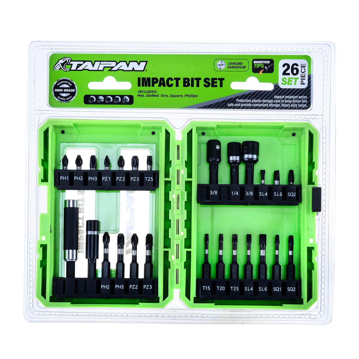 Taipan 26PCE Impact Bit Set Magnetic Tips Various Heads Storage Case