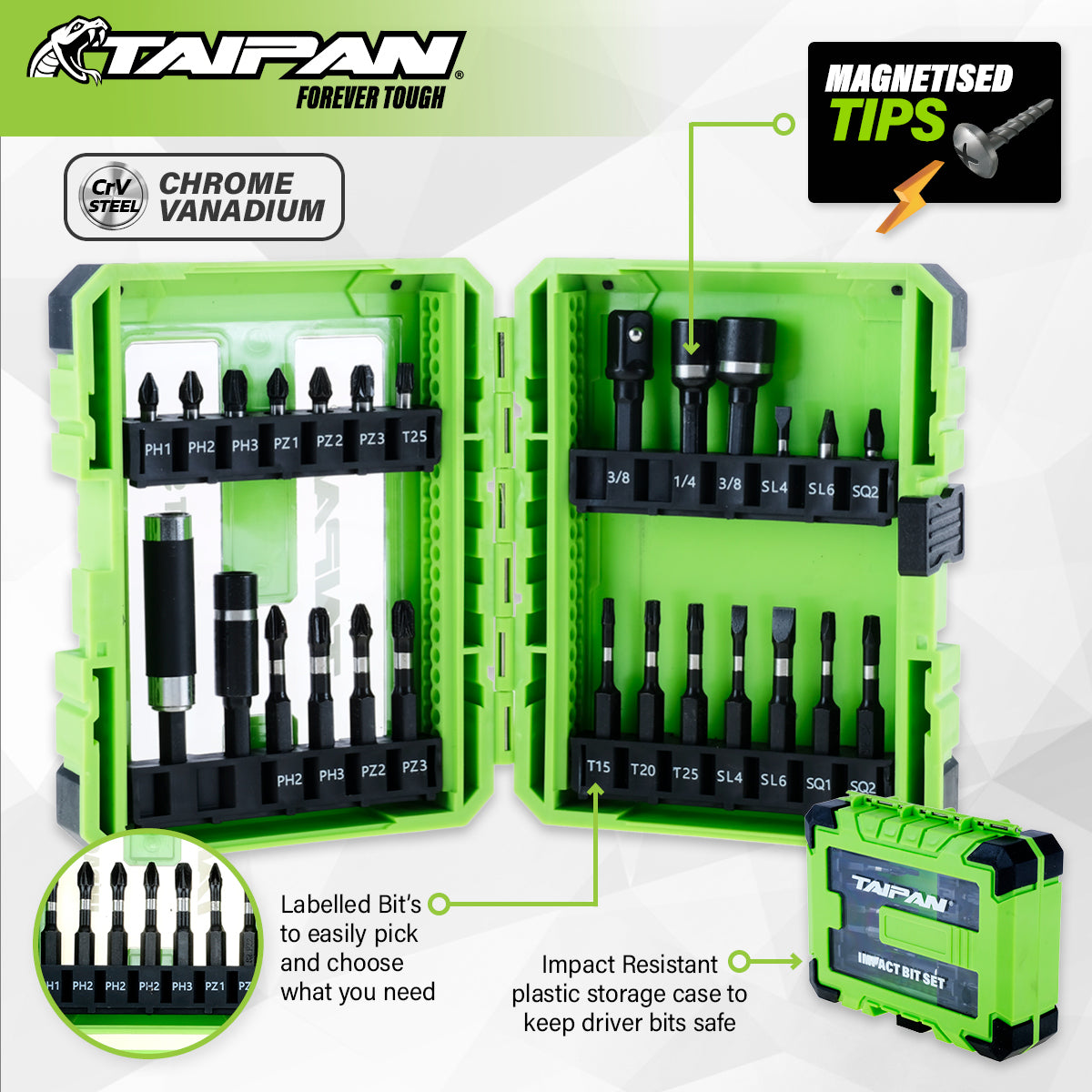 Taipan 26PCE Impact Bit Set Magnetic Tips Various Heads Storage Case